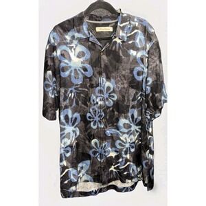 Tommy Bahama 100% Silk‎ Shirt Button Men Large Hawaiian Camp Black Blue Floral